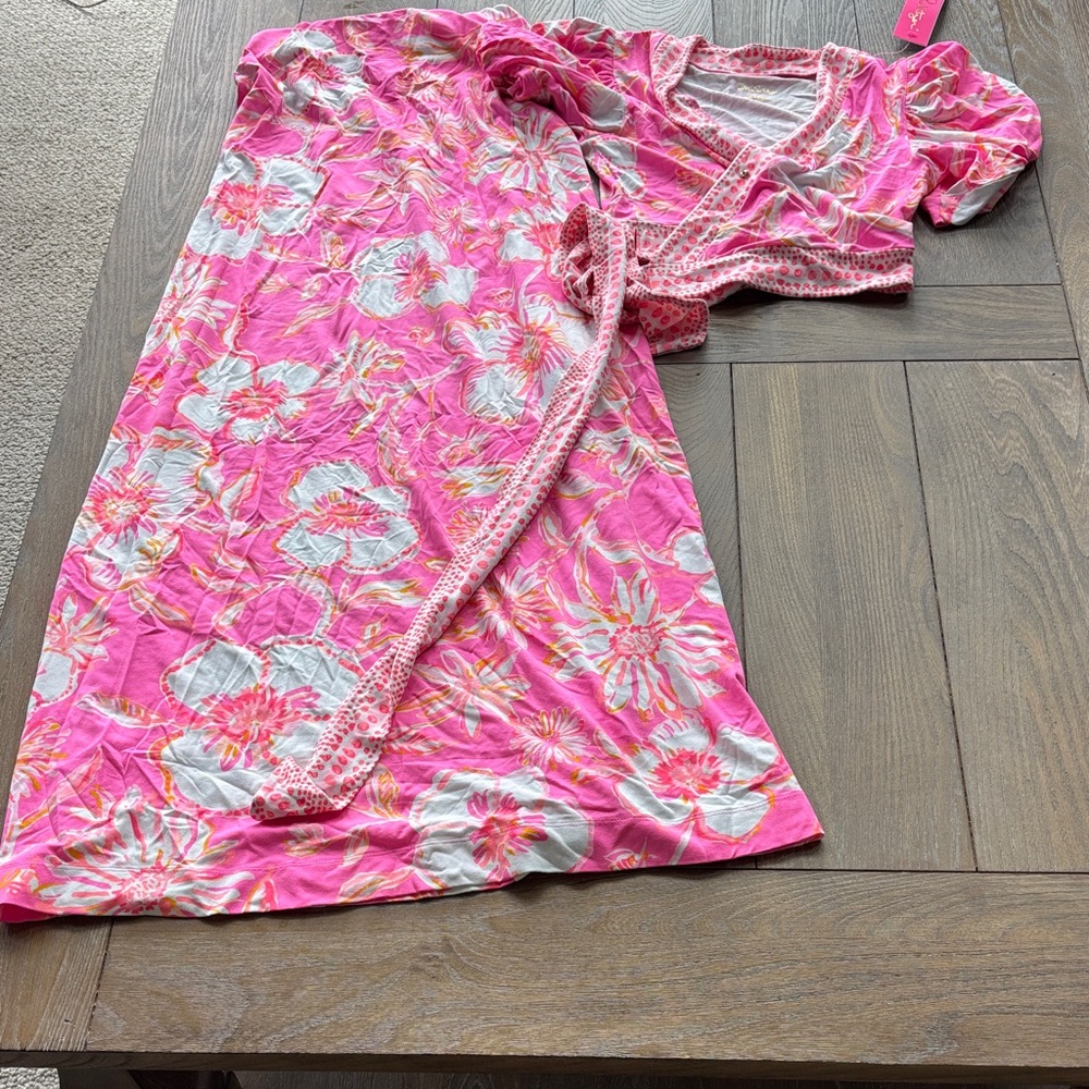 Pink Floral Wrap Dress set  with White Accent